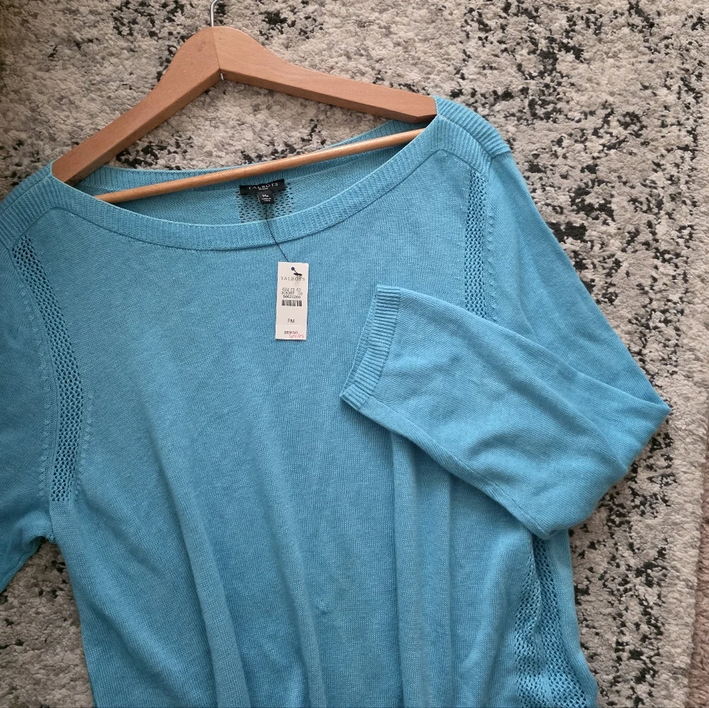 Talbots Linen Blend Boat Neck Sweater Womens M Petite Blue NWT Preppy Coastal